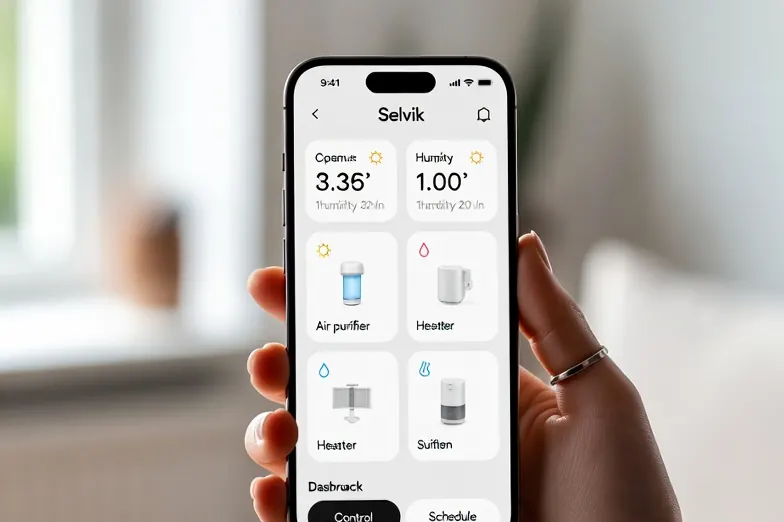 Hand hält ein Smartphone mit der App Selvik SMART