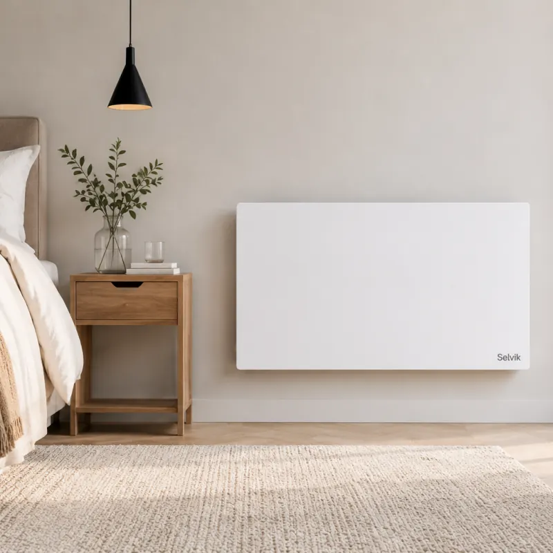 Weißes Selvik INFRA 900 Heizpaneel im nordischen Schlafzimmer